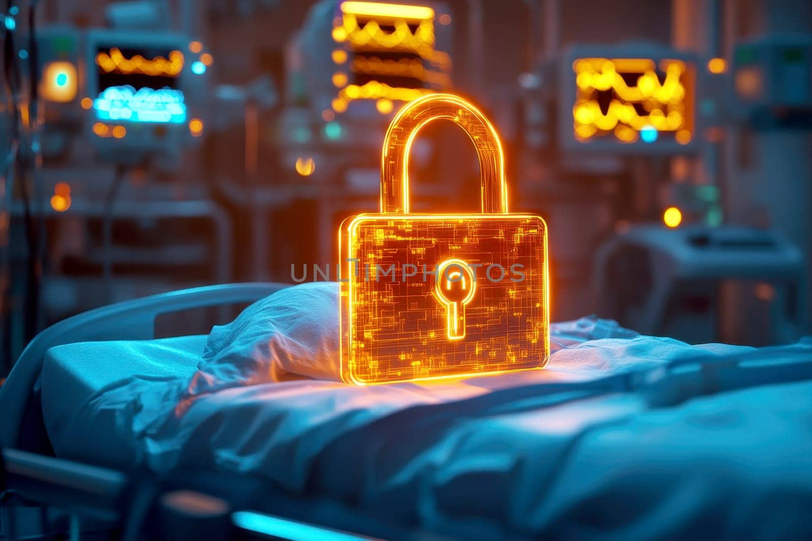 glowing padlock icon hovering over hospital bed soft blue tones subtle medical equipment in background digital security concept in healthcare setting..