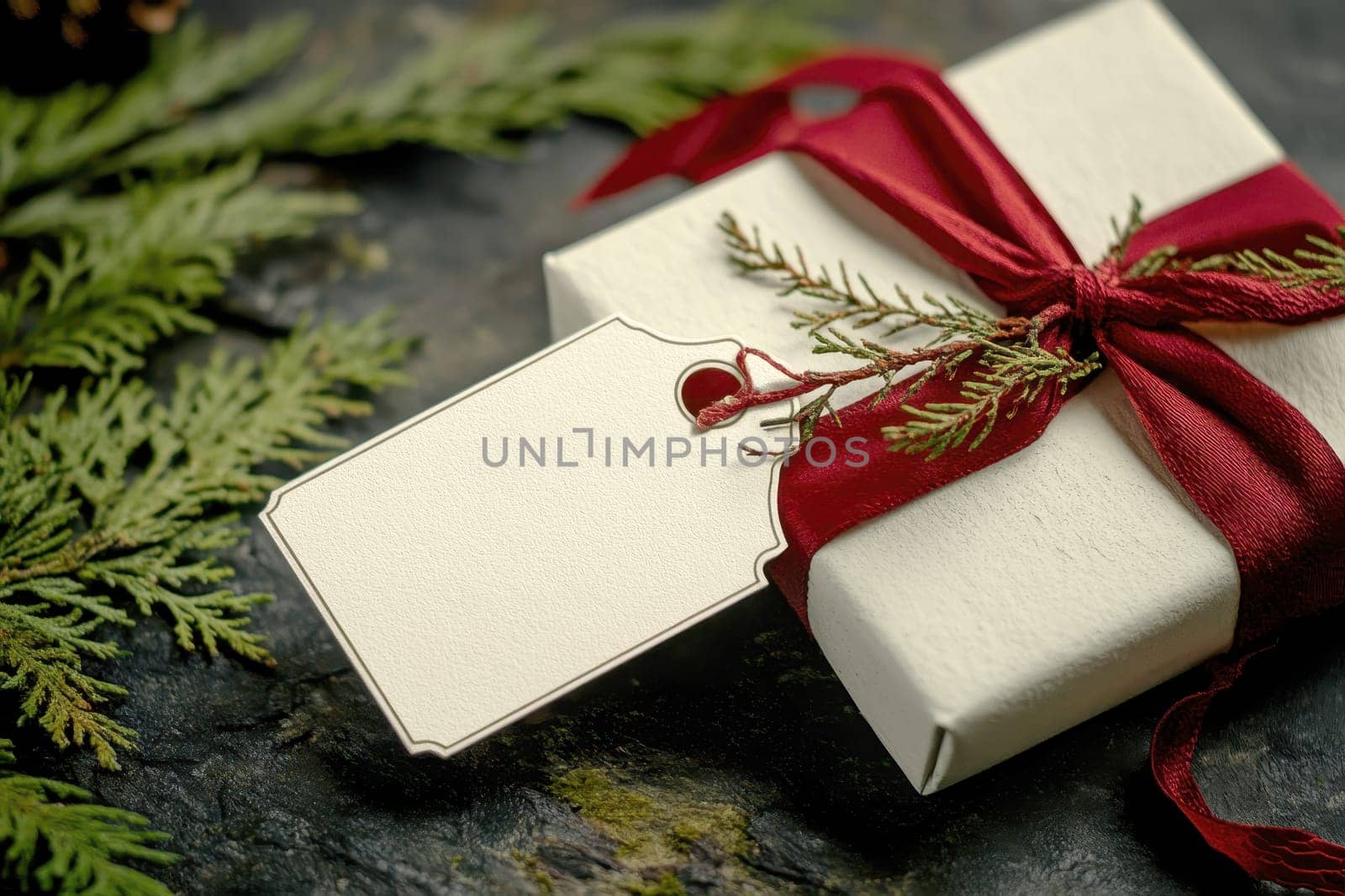 A white box gift with a tag on it is sitting on a table with pine needles and a Christmas tree ornament.