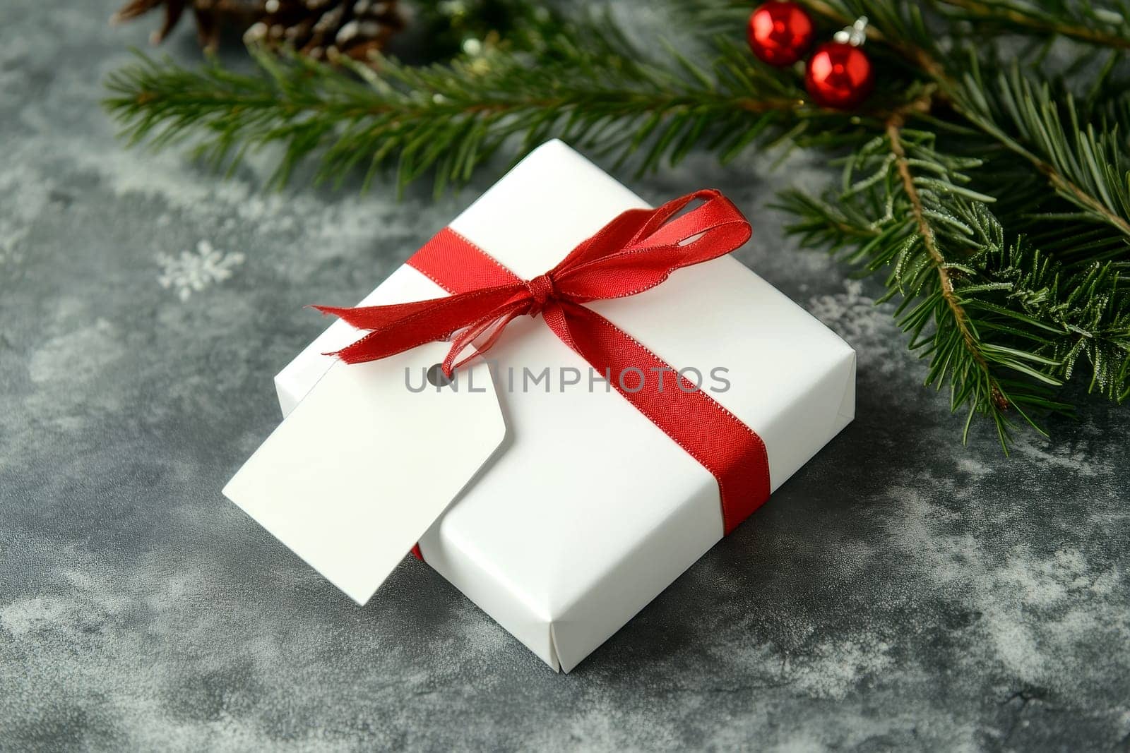 A white box gift with a tag on it is sitting on a table with pine needles and a Christmas tree ornament.