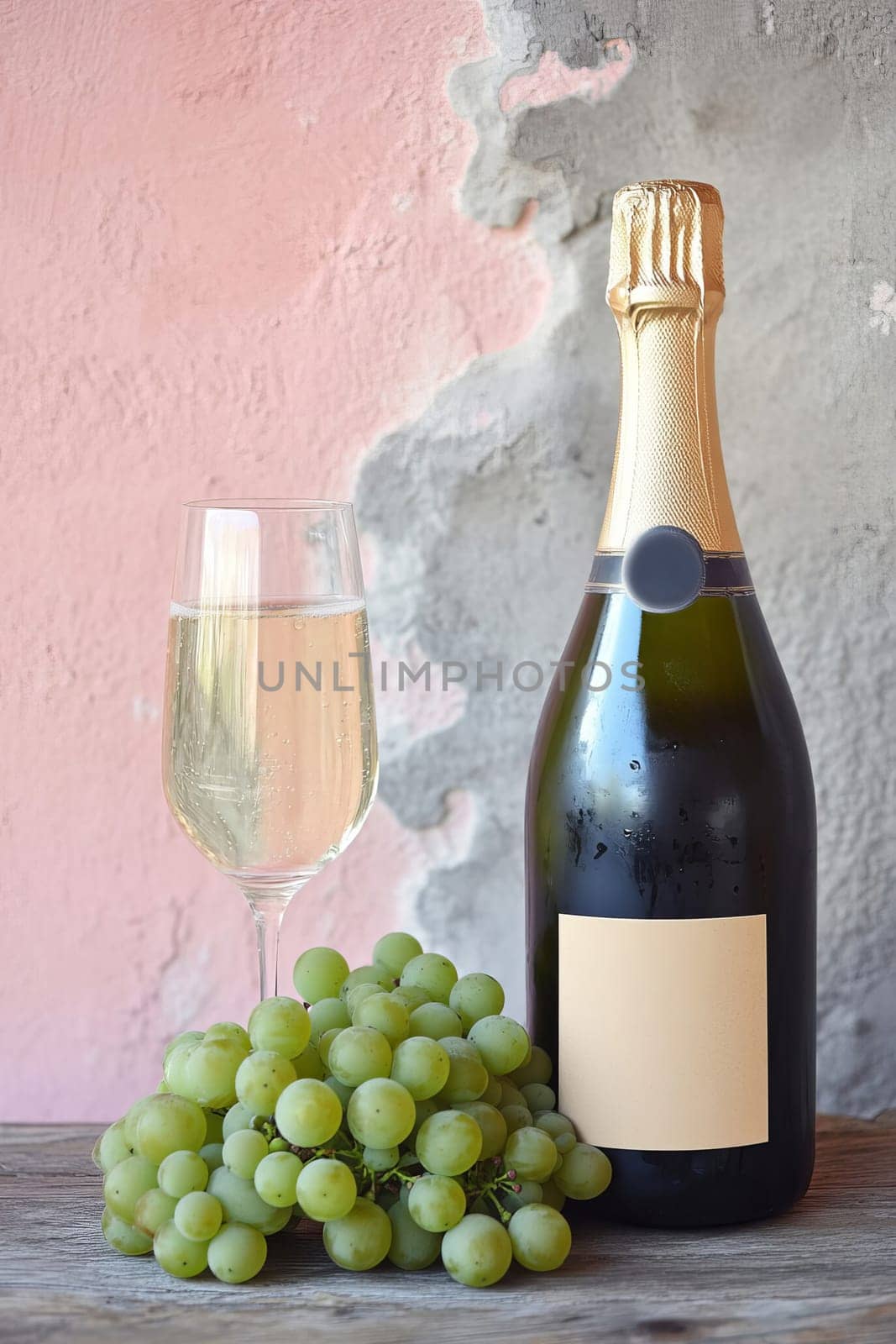 A bottle of champagne, a glass and a bunch of green grapes on a wooden table against a pink-gray textured plaster wall.