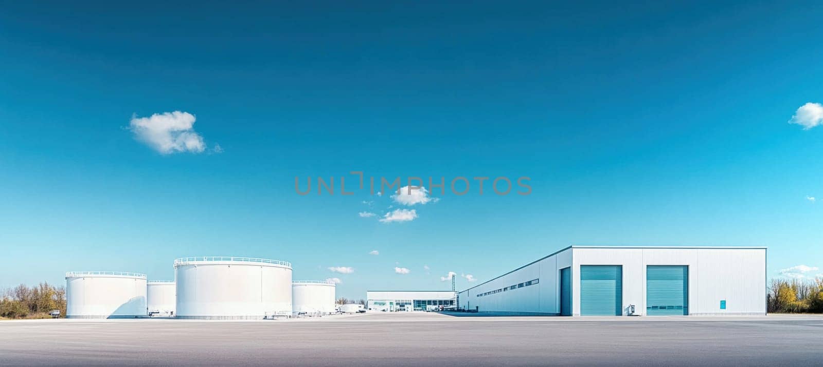 Modern industrial facility with storage tanks under a clear blue sky, representing industry, storage, and manufacturing