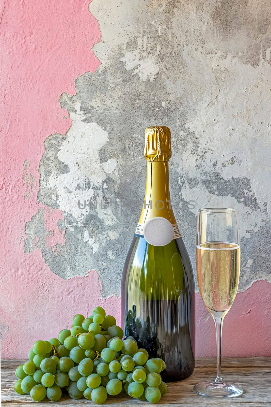 A bottle of champagne, a glass and a bunch of green grapes on a wooden table against a pink-gray textured plaster wall.