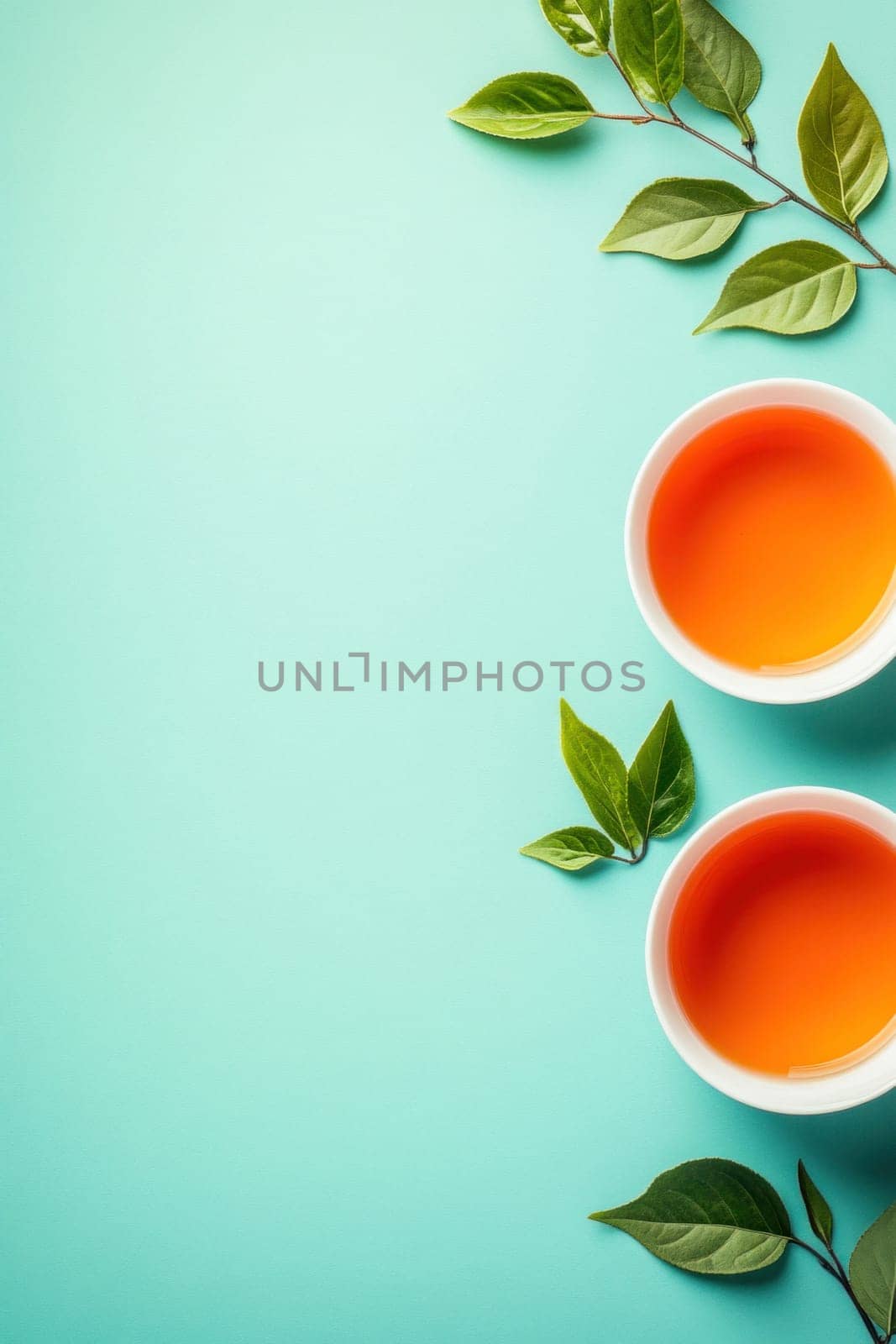 Tea time with two cups of herbal tea and fresh green leaves on a turquoise background creating a relaxing atmosphere