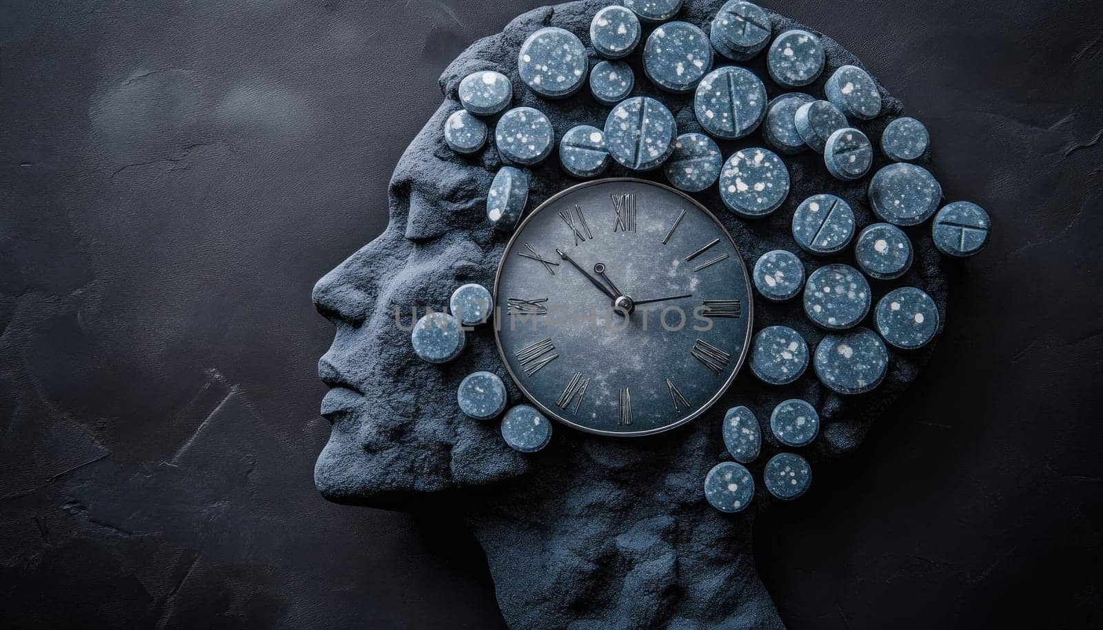 Stone head with clock and pills symbolizing the impact of time on mental health and the importance of treatment