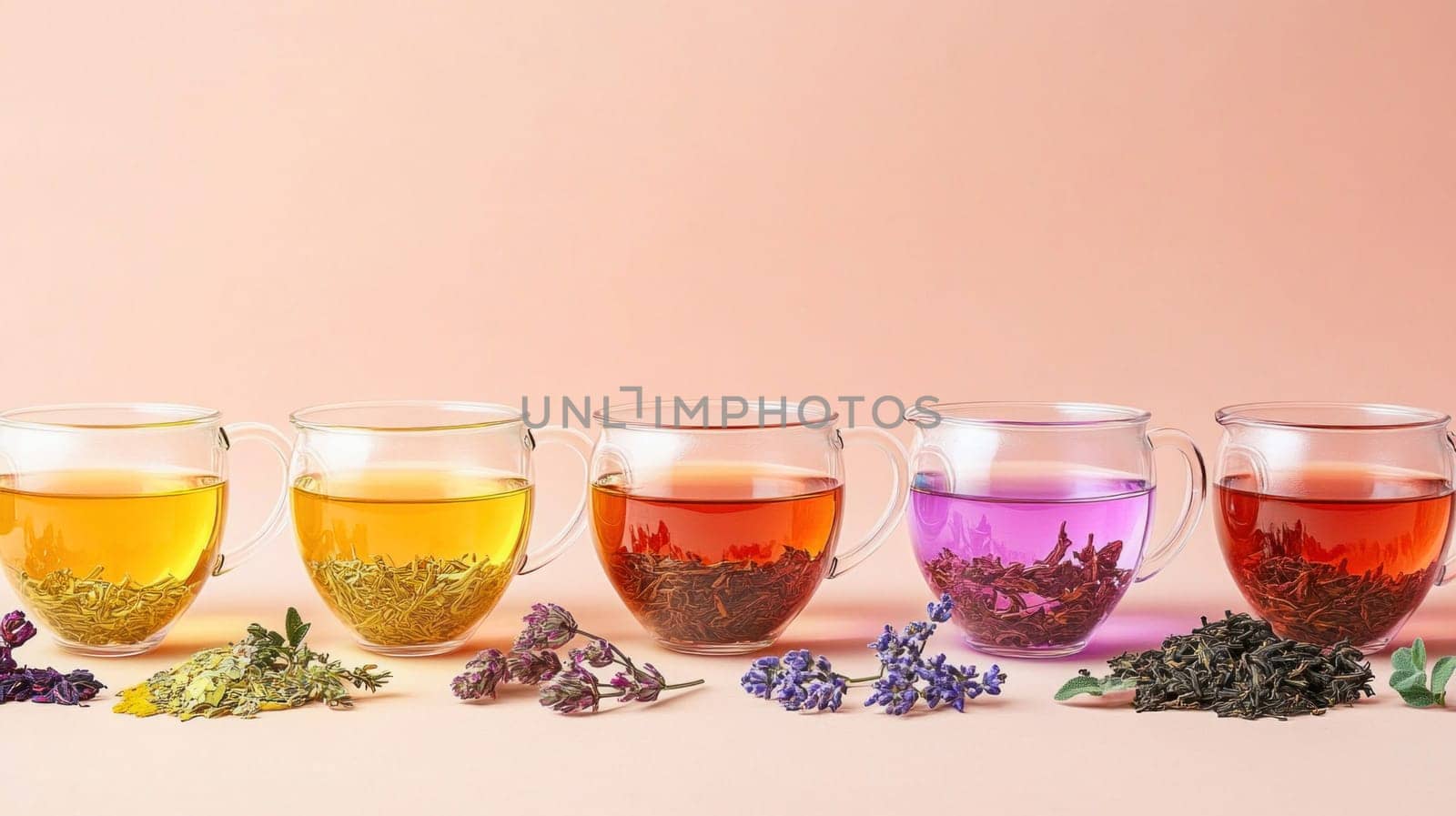 Five glass cups filled with colorful herbal tea blends, with dried herbs and flowers arranged in front of each, create a vibrant display on a pink background