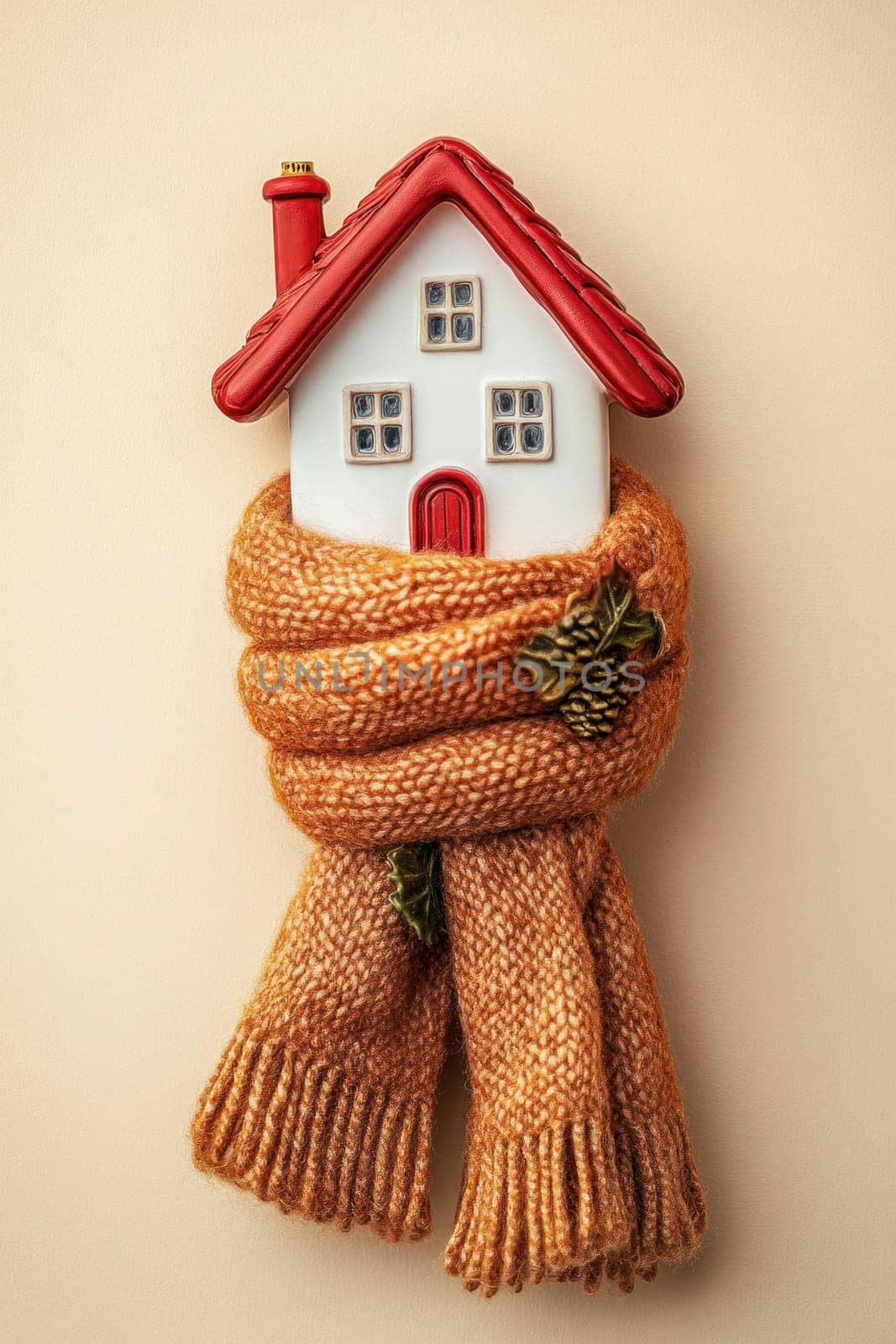 Small house model wrapped in a warm scarf, representing energy efficiency, home insulation, and winter comfort