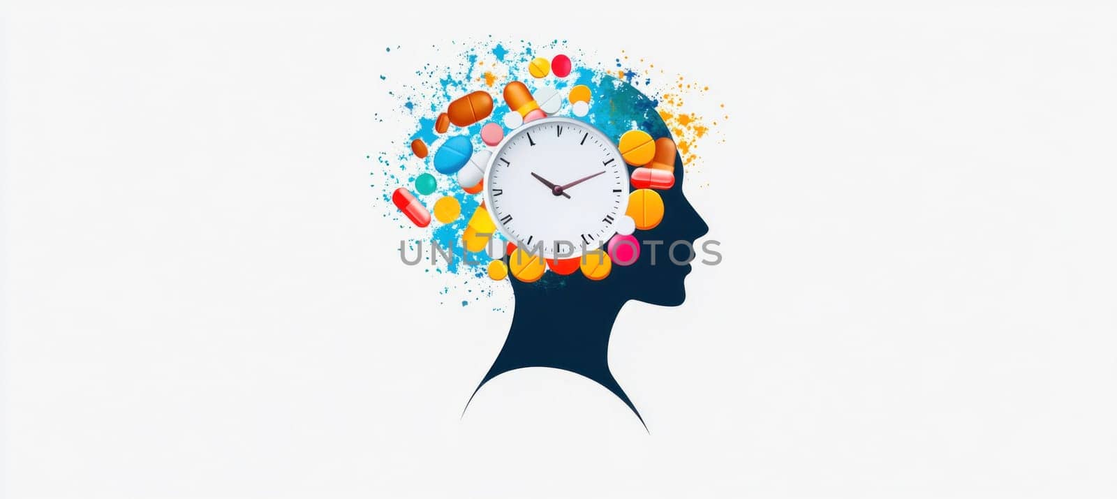 Human head silhouette filled with colorful pills and clock representing drug addiction, mental health, and time management issues