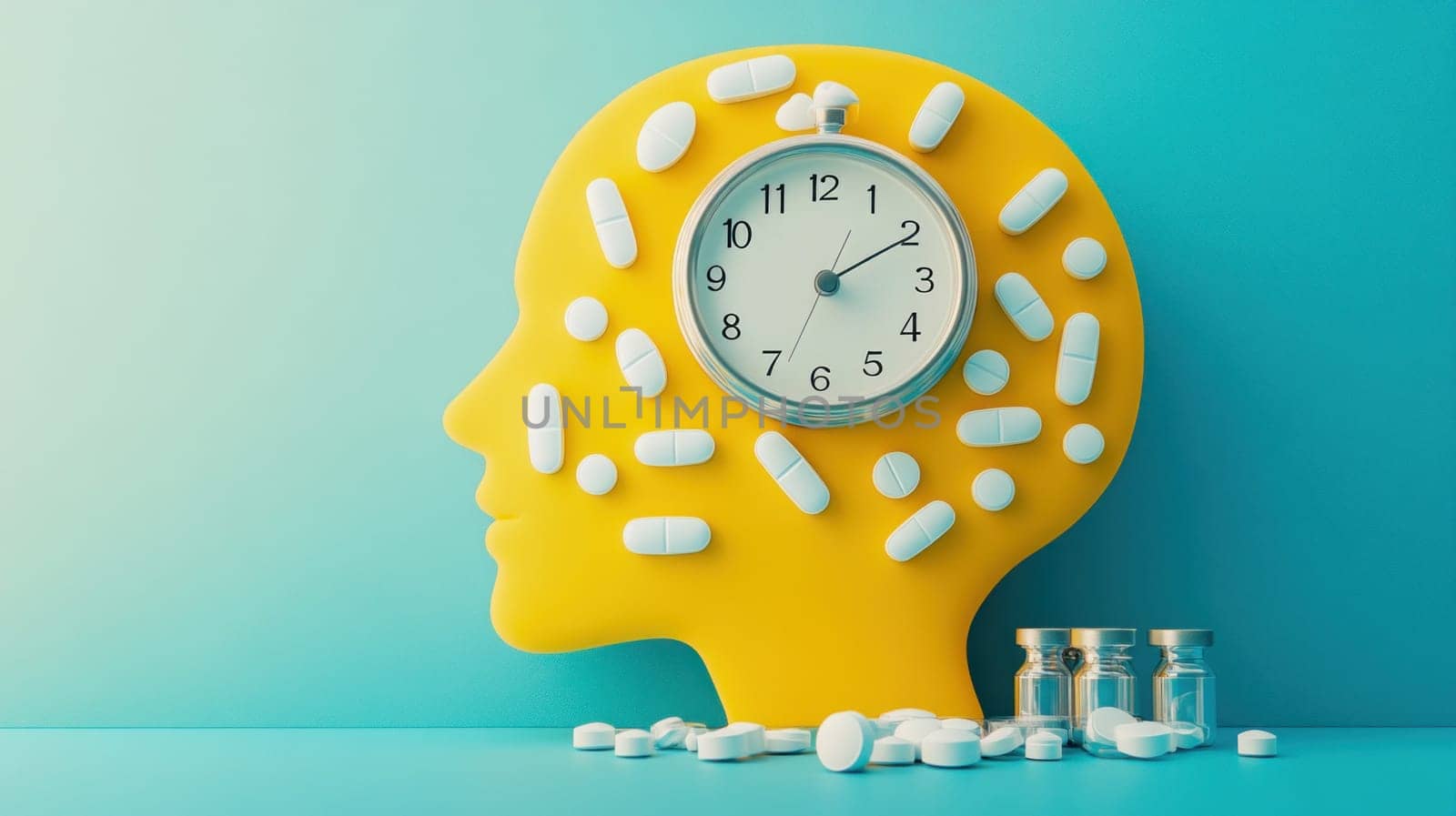 Medication schedule and time concept featuring a clock and pills covering a yellow human head silhouette