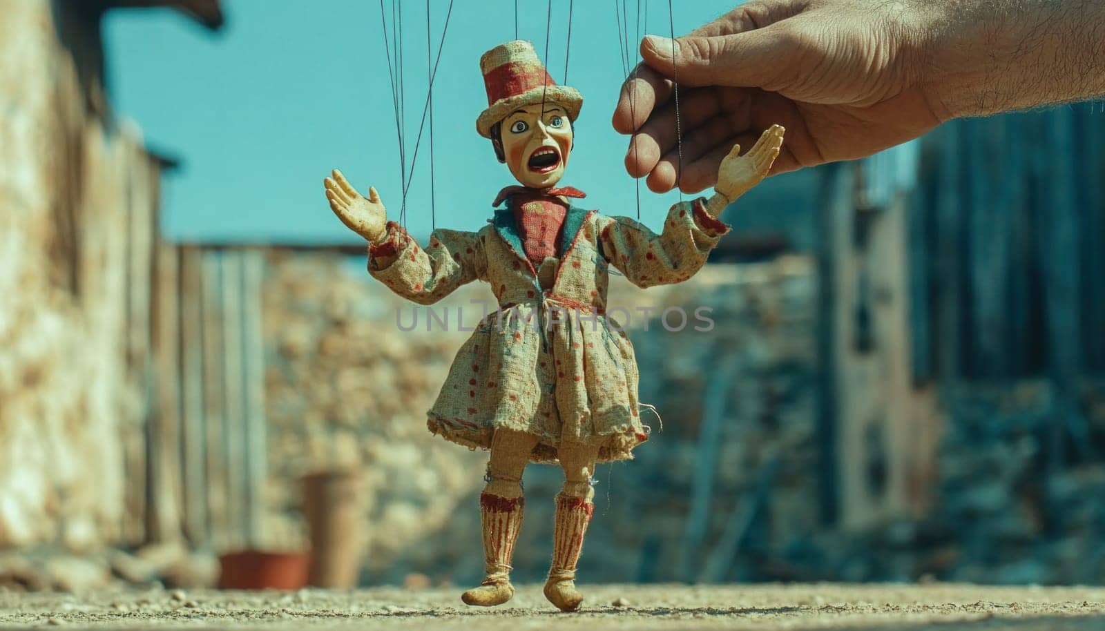 Hand manipulating a vintage marionette in an abandoned place