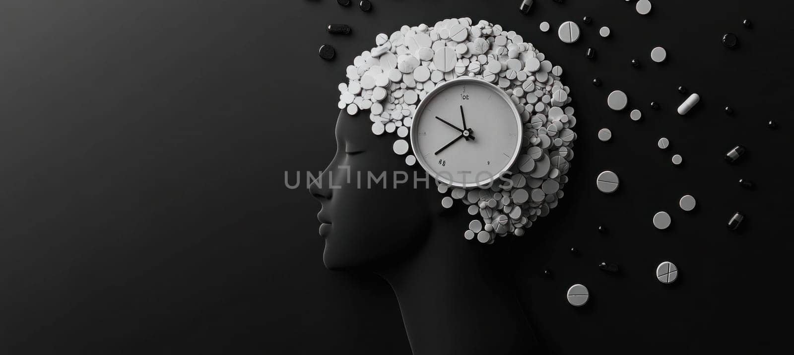 Minimalist black and white image representing medication side effects and mental health issues using pills and a clock