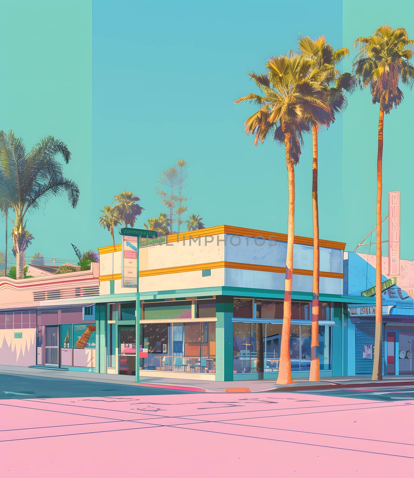 A city landscape featuring a vibrant pink and blue building with palm trees creating shades of relaxation in the leisurely environment. The Arecales plants add to the serene atmosphere