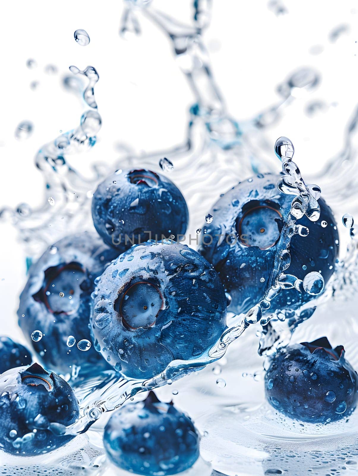 Electric blue blueberries create a mesmerizing pattern as they splash into the fluid glass of water, resembling a beautiful artwork in motion