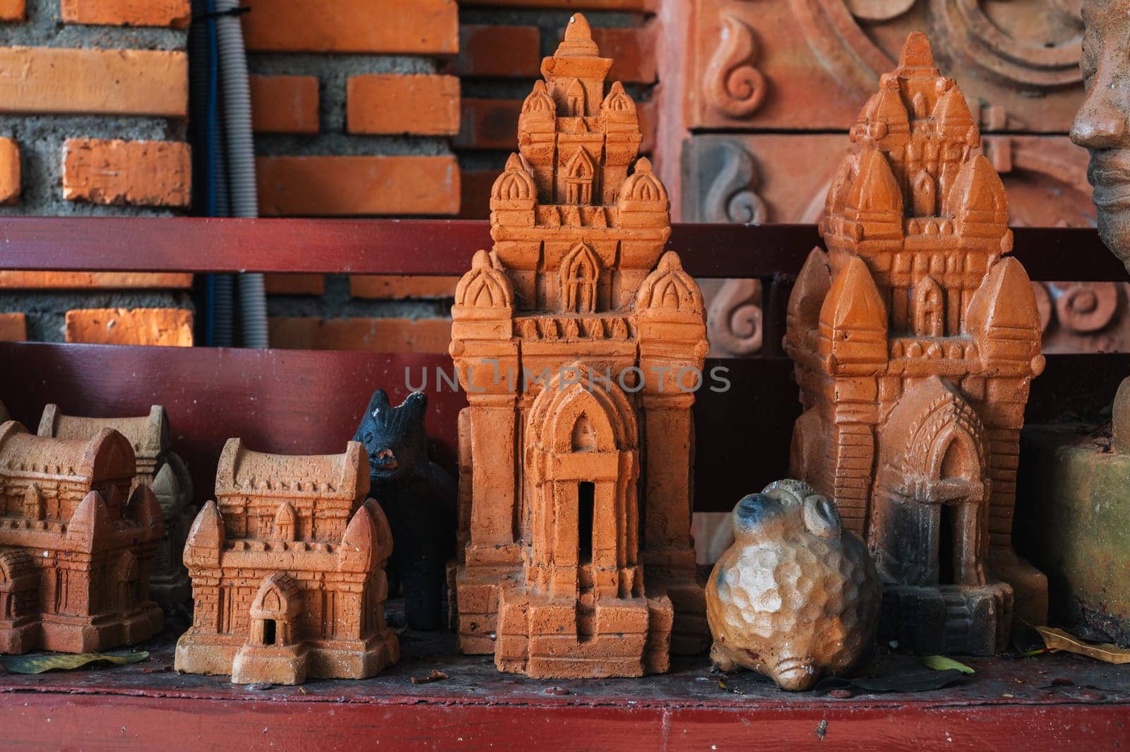Clay figurines and statuettes of Po Nagar Cham Towers in a souvenir shop in Nha Trang in Vietnam