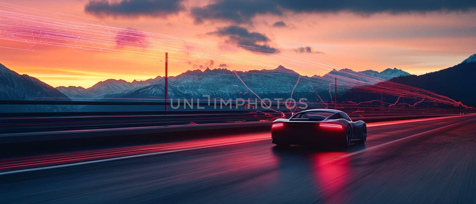 Futuristic autonomous car is speeding on a highway in the mountains with motion blur light trails behind it at sunset