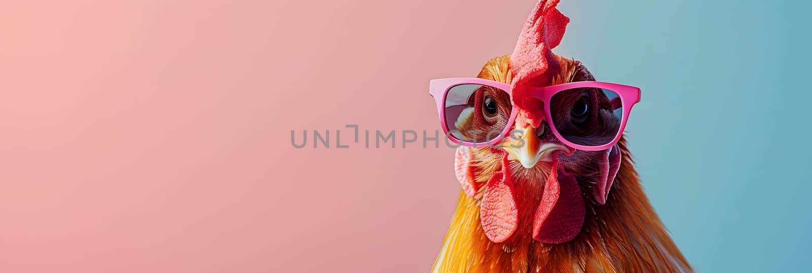 A rooster is wearing magenta sunglasses while surrounded by pink and blue petals on a vibrant background. This artistic piece exudes a happy and entertaining vibe, perfect for a performing arts event