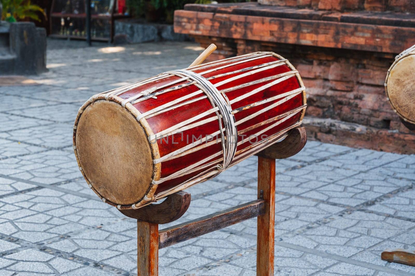 Asian traditional wooden drum for music festivals in Vietnam. Vietnamese ancient musical instrument in Asia