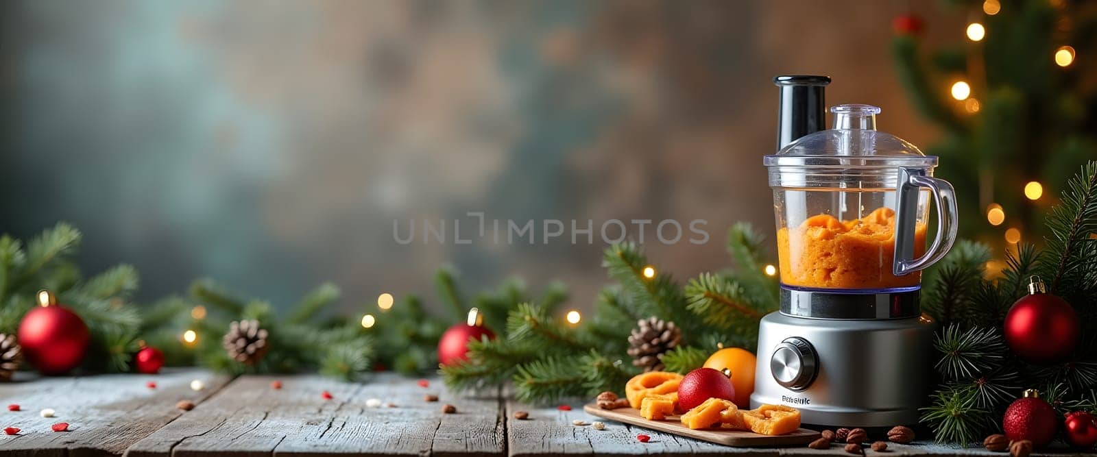 A food processor with coniferous branches, balls and lights, creating a cozy Christmas atmosphere