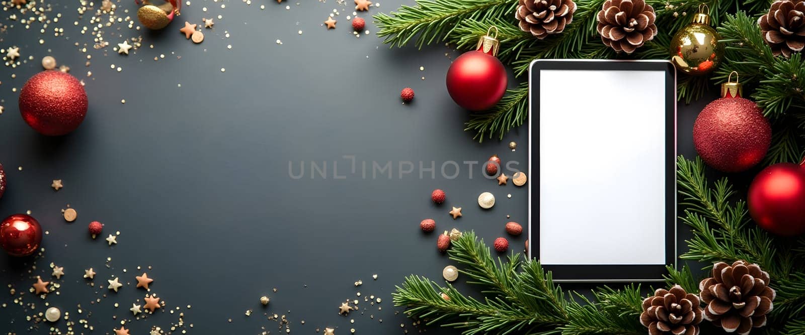 An e-book with coniferous branches, balls and lights that create a cozy Christmas atmosphere