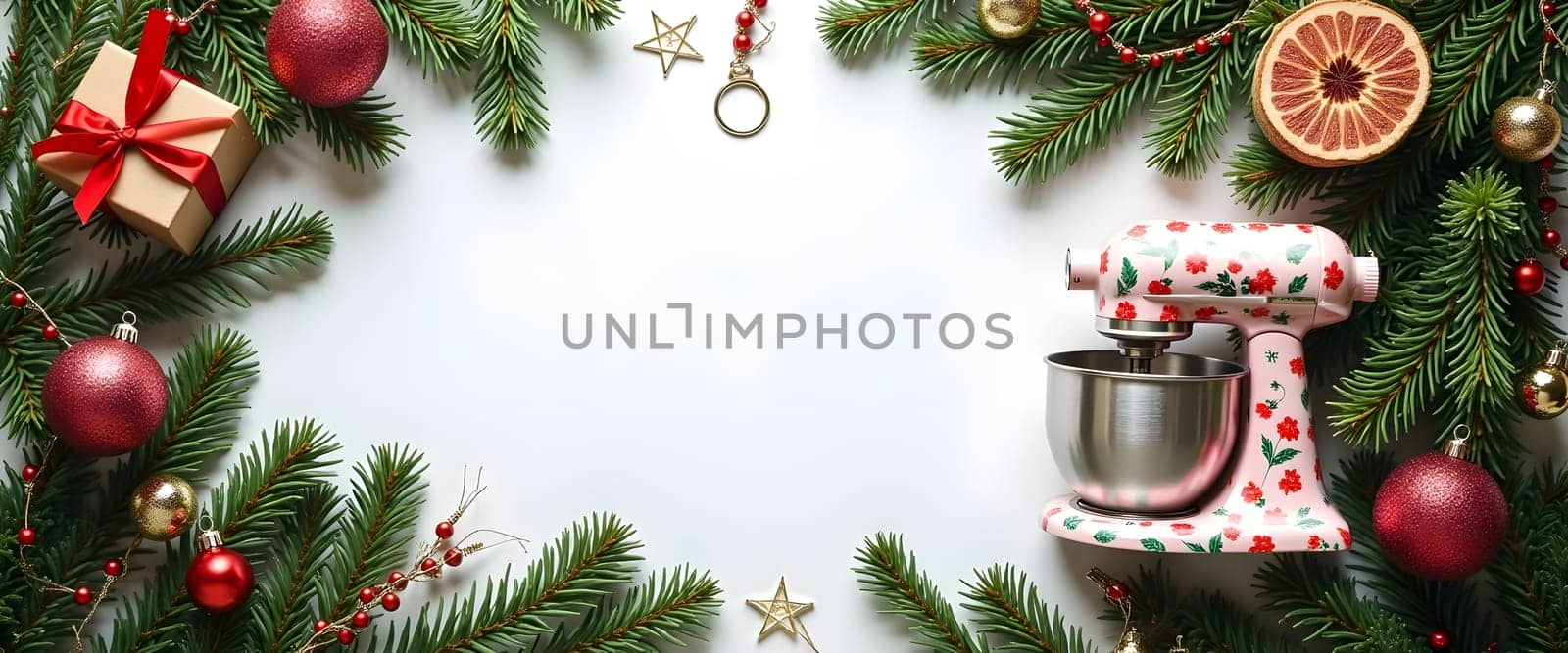 Dough mixer with coniferous branches, balls and lights, creating a cozy Christmas atmosphere