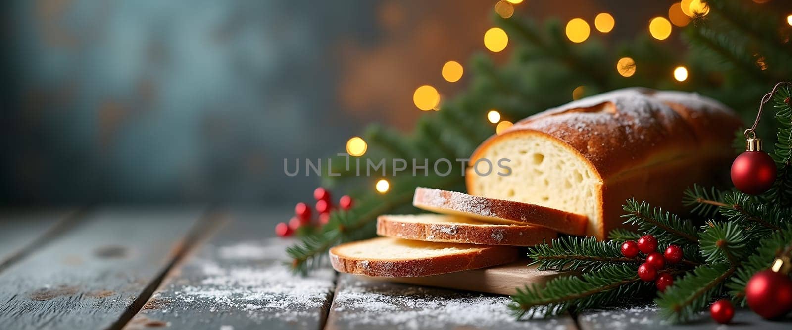 Sliced bread with coniferous branches, balls and lights, creating a cozy Christmas atmosphere