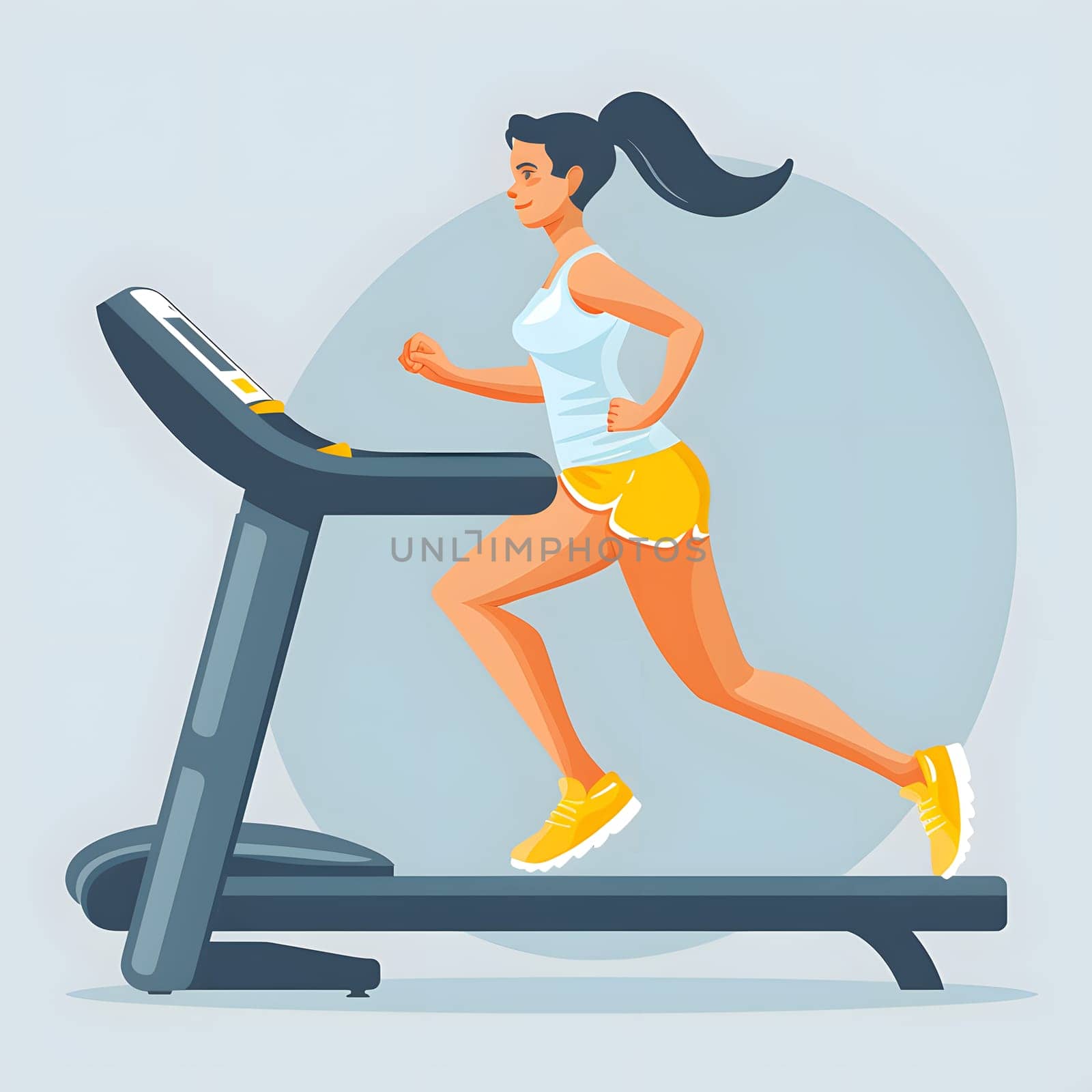 A woman is engaging in physical fitness by running on a treadmill in the gym, using her arms, legs, and whole human body to maintain balance and strengthen her thighs, waist, knees, and elbows