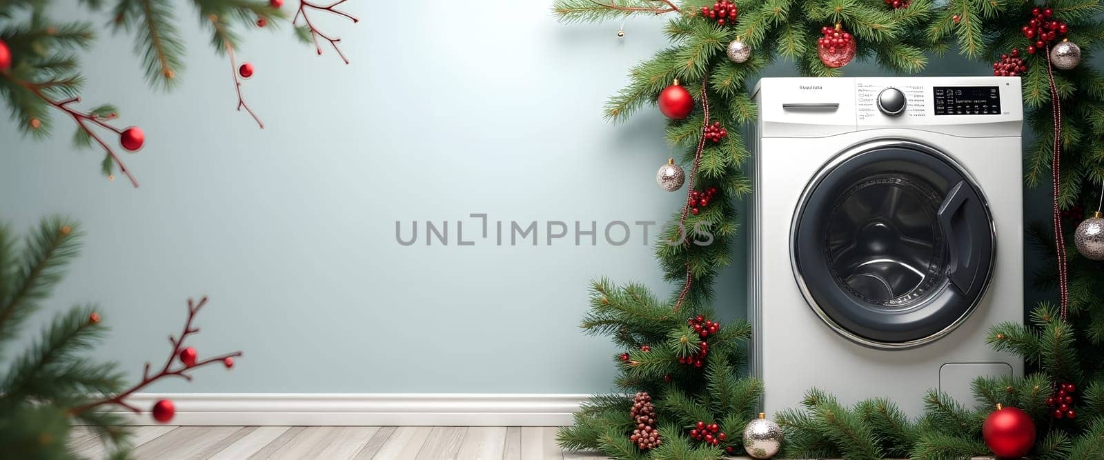Washing machine with coniferous branches, balls and lights, creating a cozy Christmas atmosphere
