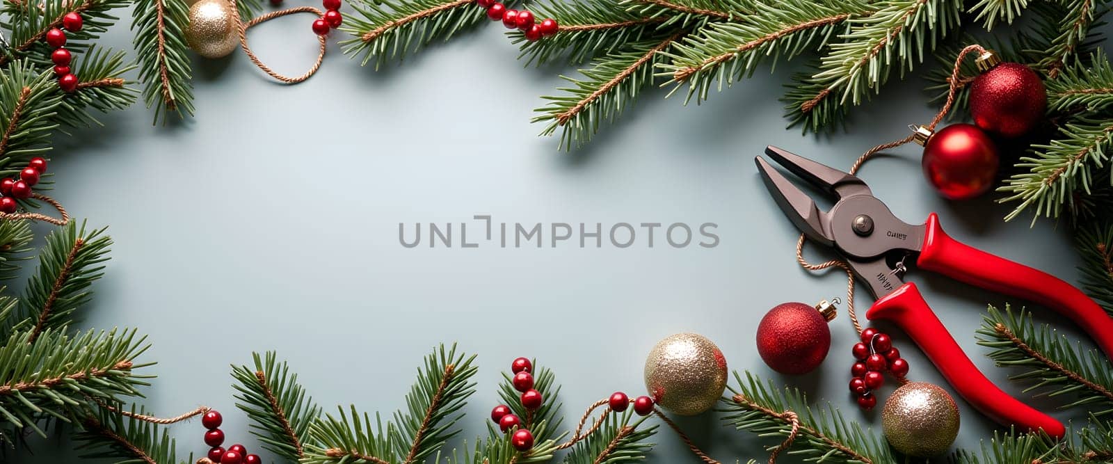 Pliers with Pine Branches and Festive Lights Creating a Cozy Christmas Atmosphere