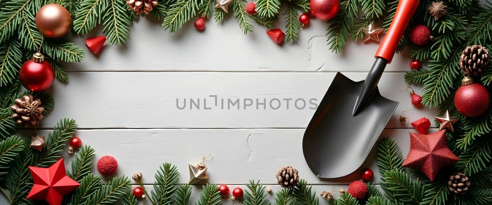 Shovel with Pine Branches and Festive Lights Creating a Cozy Christmas Atmosphere