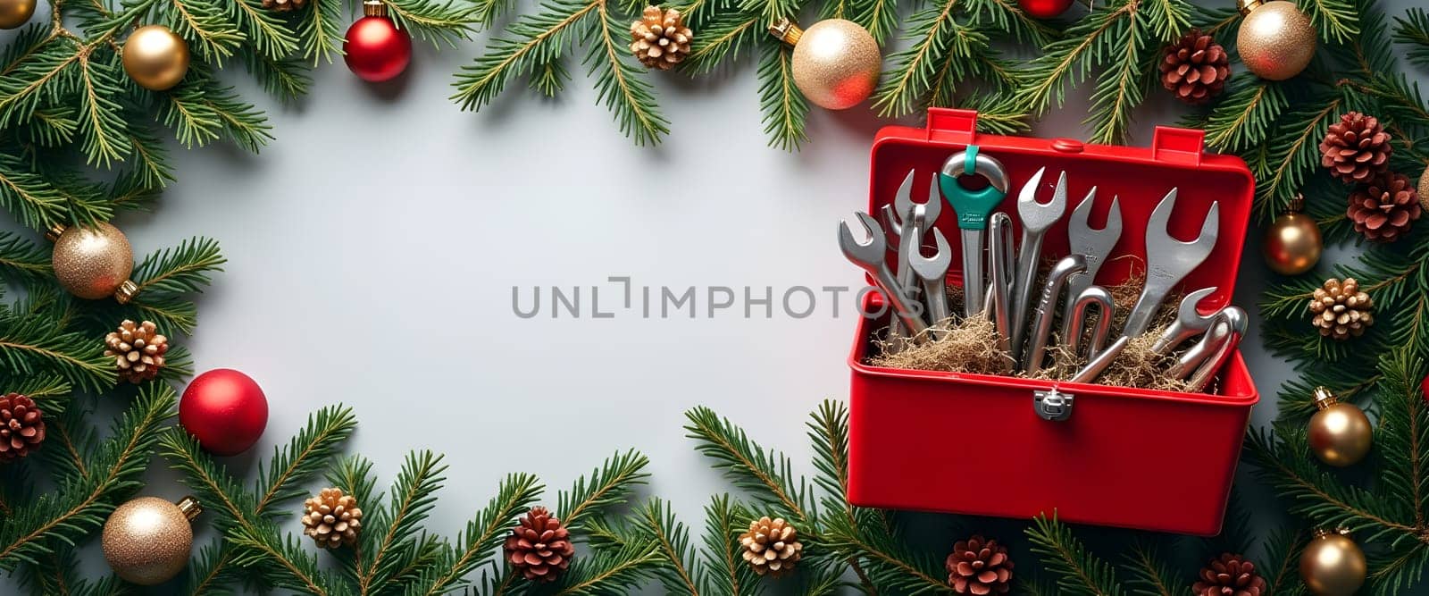 Tool Set with Pine Branches and Festive Lights Creating a Cozy Christmas Atmosphere