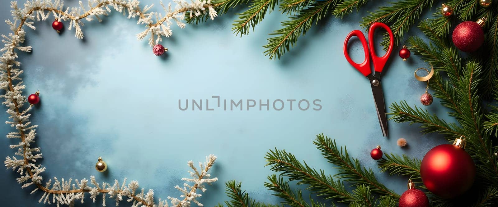 Scissors with Pine Branches and Festive Lights Creating a Cozy Christmas Atmosphere