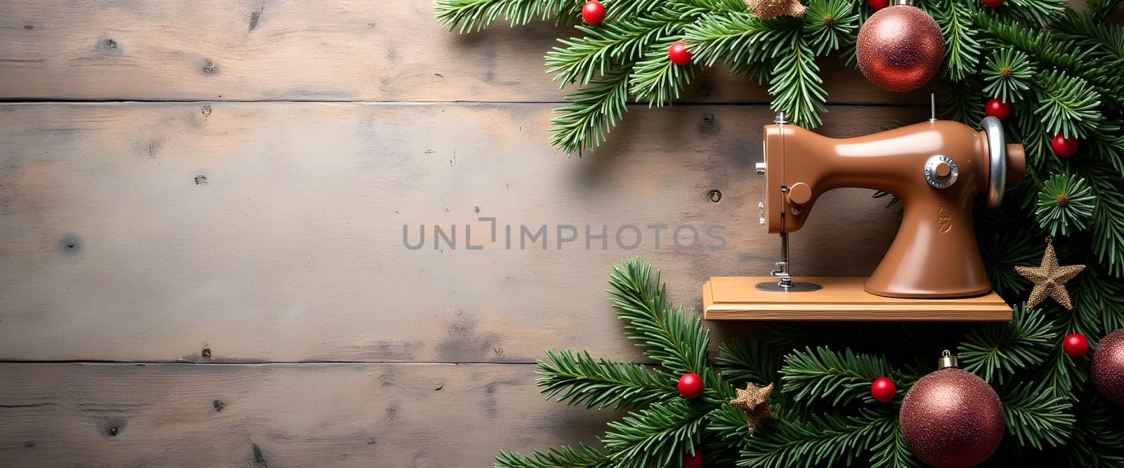 Sewing machine with coniferous branches, balls and lights, creating a cozy Christmas atmosphere