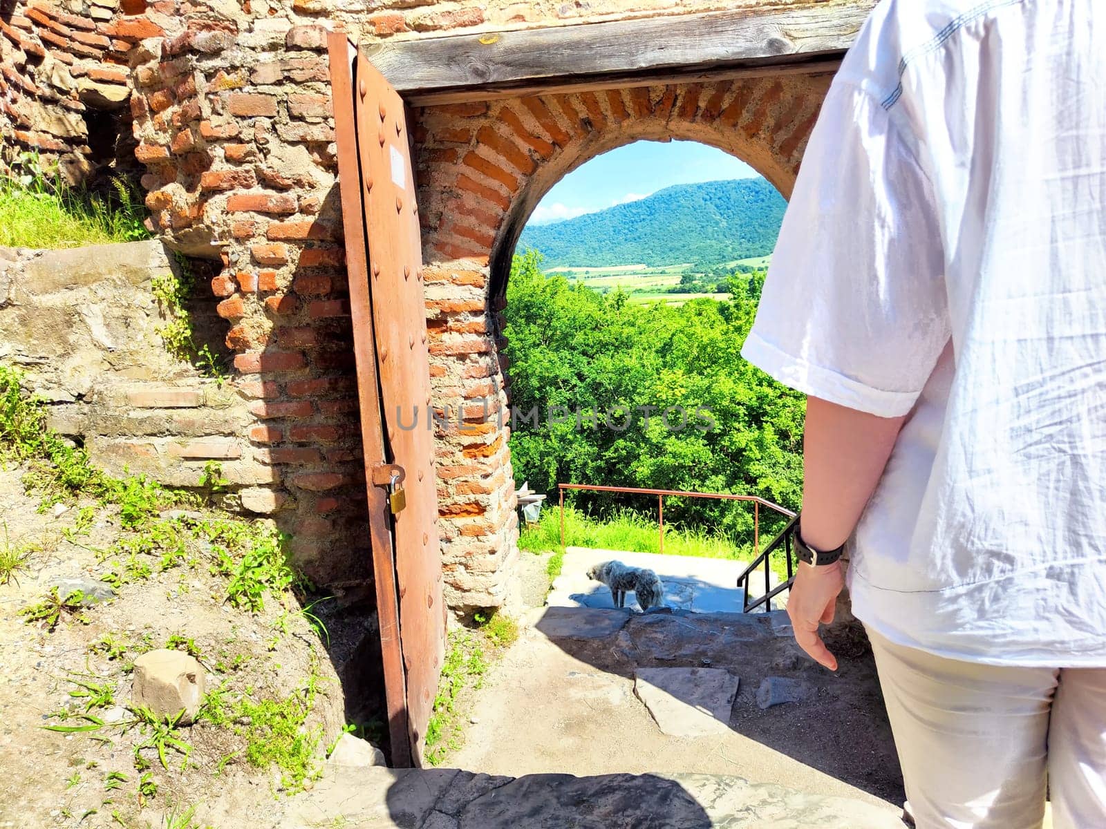 A blogger takes a selfie at an ancient fortress in Georgia, enjoying the scenic view and rich history during her adventurous journey