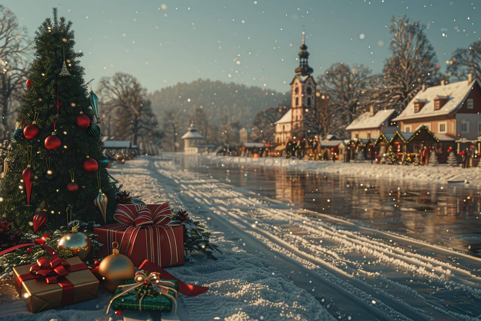 A captivating winter scene that features a beautifully decorated tree, thoughtful gifts, and a serene snowy landscape