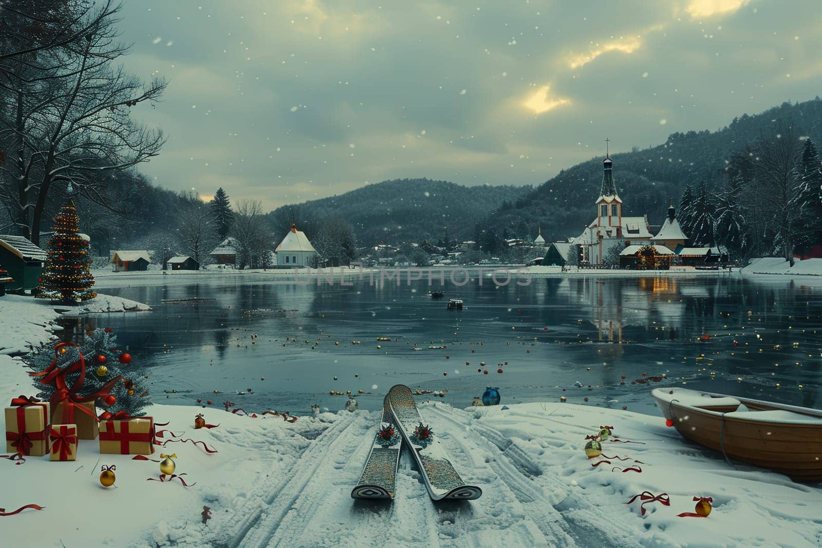 A serene winter landscape with a snowy lake, charming buildings, and festive decorations creating joy