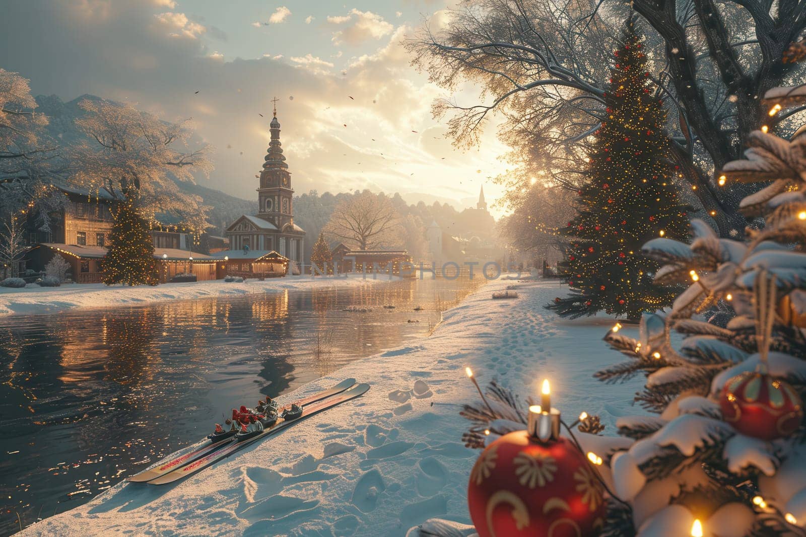 A picturesque winter scene showcasing a beautifully snowcovered river along with festive holiday decorations