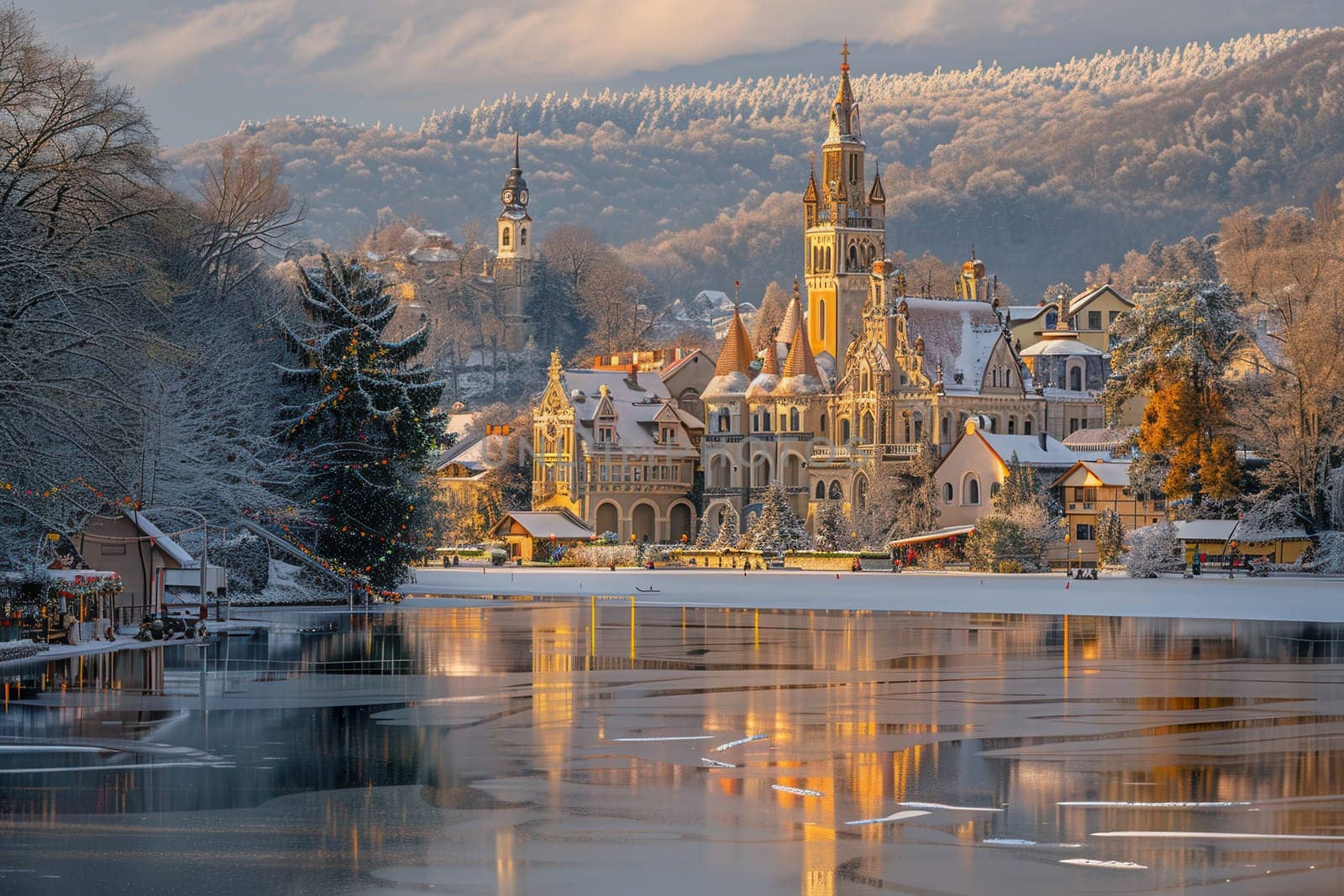 A breathtaking winter scene showcasing a snowcovered town beautifully reflected in a serene, tranquil lake