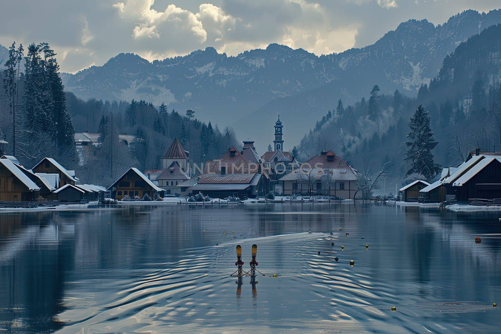A tranquil winter scene featuring snow-covered mountains and calm waters, creating a peaceful atmosphere.