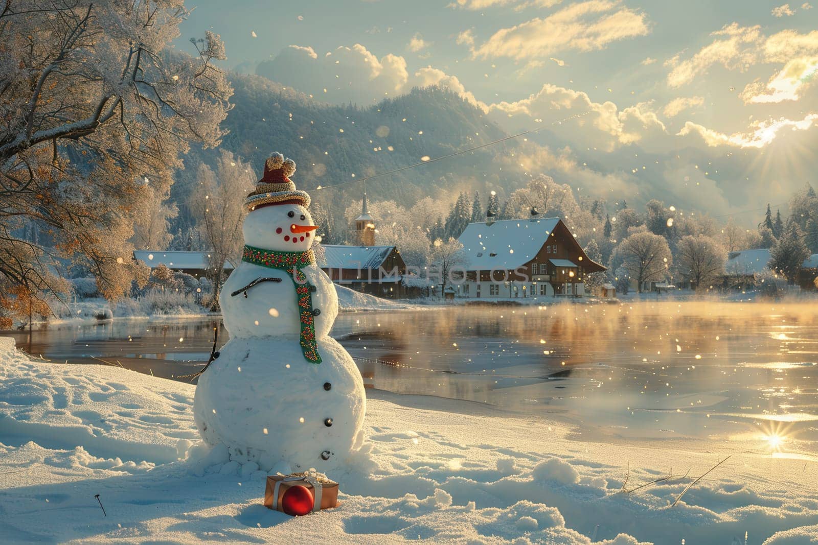 A cheerful and charming snowman happily stands beside a beautifully frozen lake in a picturesque winter landscape