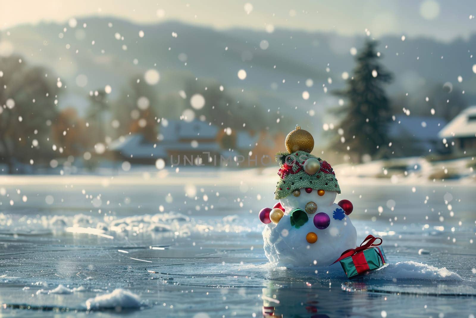 A delightful snowman beautifully adorned with festive decorations, set in a picturesque snowy landscape