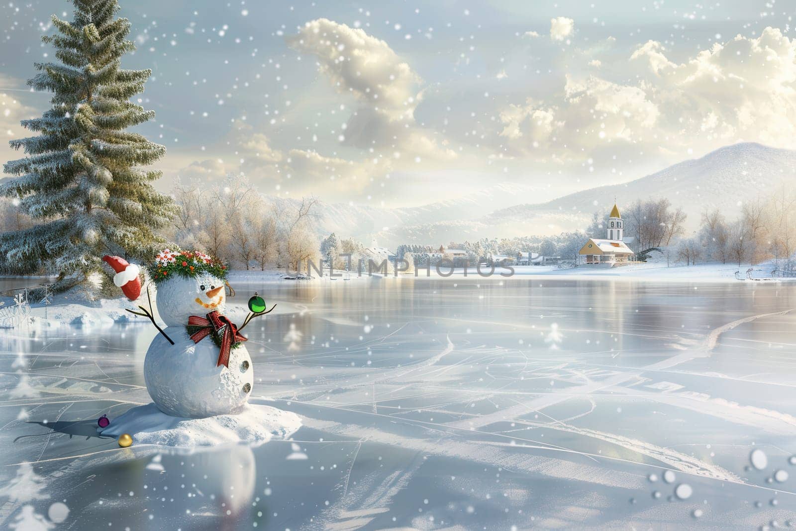 A charming snowman stands in a serene snowy landscape with a frozen lake and gentle snowfall around