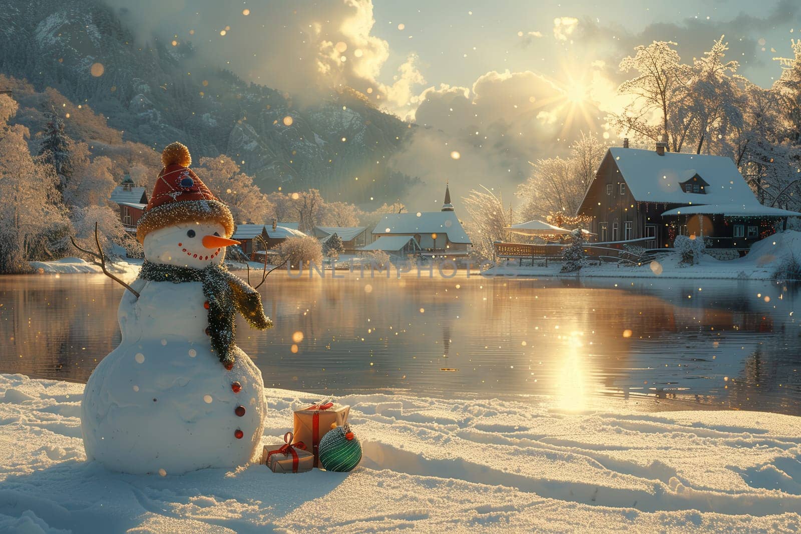 A peaceful, tranquil winter scene featuring a cheerful snowman beside colorful gifts against a snowy backdrop