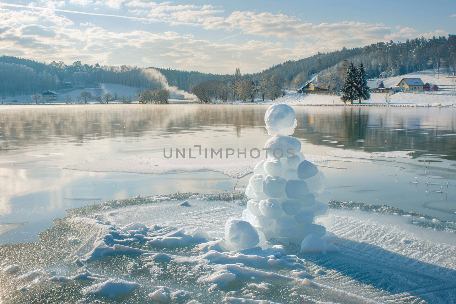 A peaceful, serene winter scene showcases a cheerful snowman standing by a frozen lake beneath a clear beautiful sky