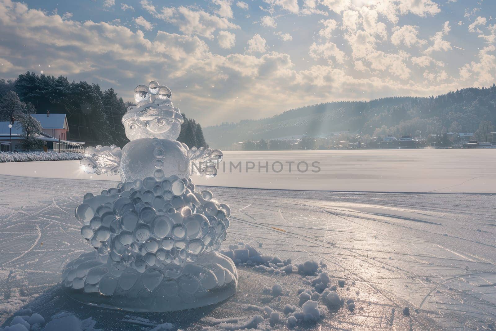 A whimsical snowman stands on the icy surface of a lake, surrounded by winter beauty and serene landscapes.