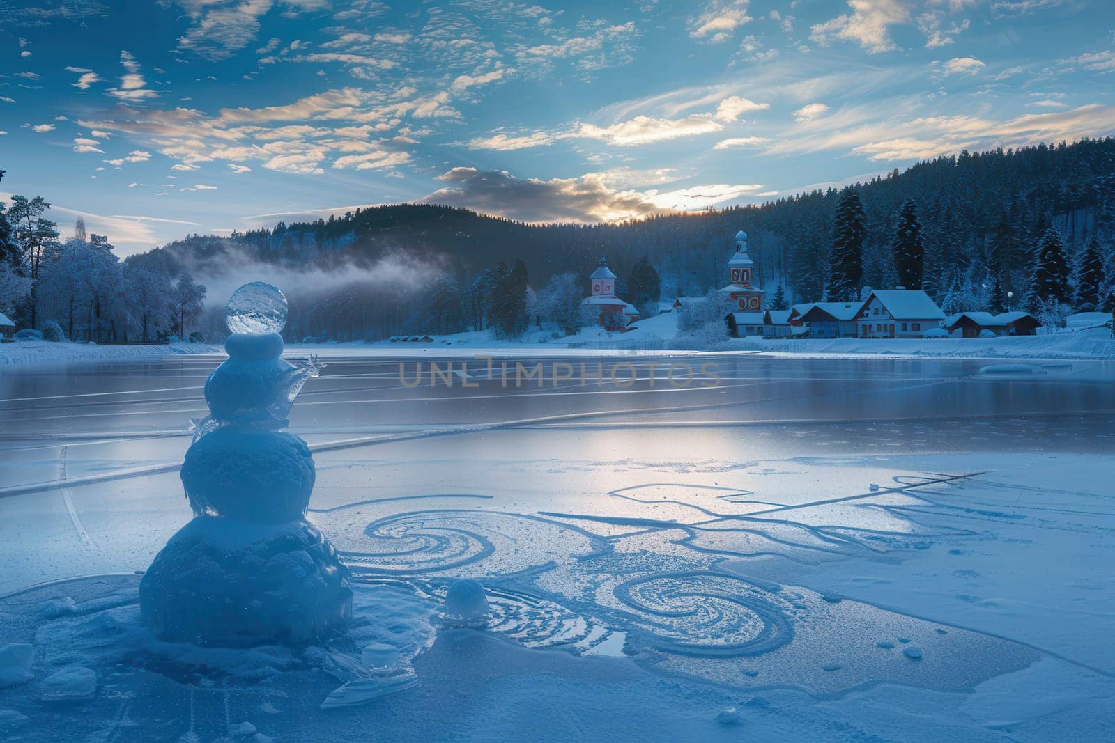 A truly picturesque winter scene showcasing a charming snowman by a frozen lake during a beautiful sunset