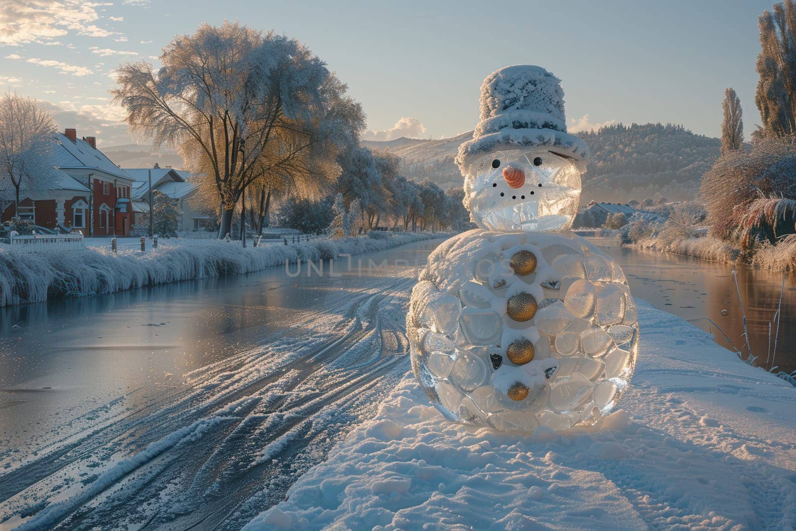 A picturesque winter scene vividly displays a cheerful snowman joyfully standing beside a tranquil, frozen river