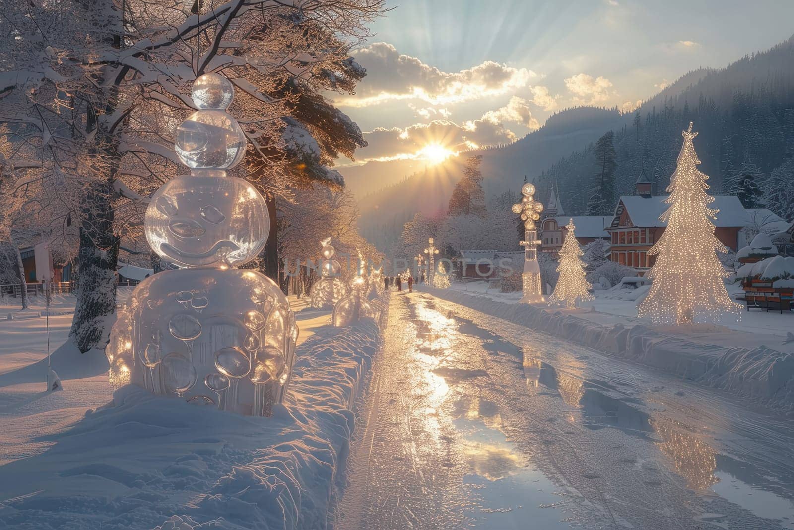 A magical winter scene featuring glowing snowmen and trees, reflecting in a snowy pathway at sunset.