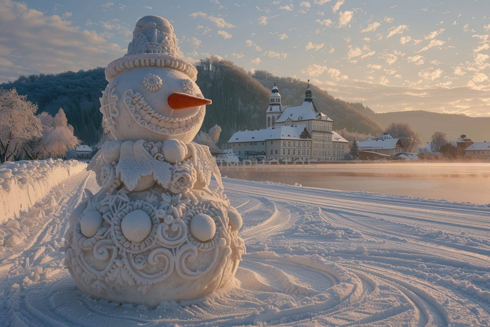 A whimsical snowman sits in a serene winter landscape, surrounded by snow and a picturesque backdrop.