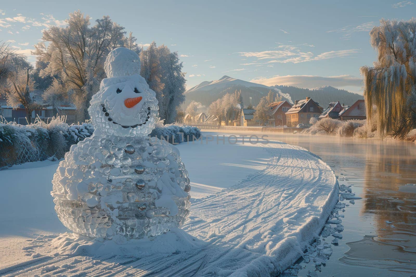A beautiful and picturesque winter scene features a charming snowman standing proudly amidst frosty surroundings