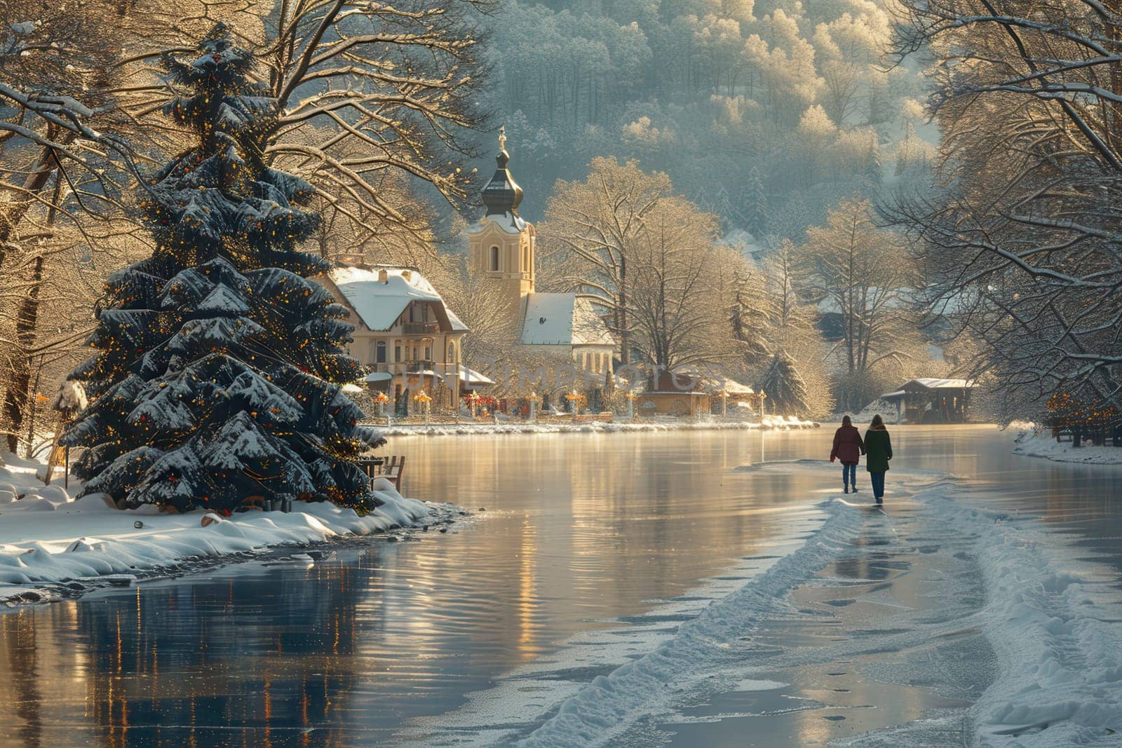 A beautiful winter landscape showcasing a serene river, frosted trees, and the cozy ambiance of a charming town