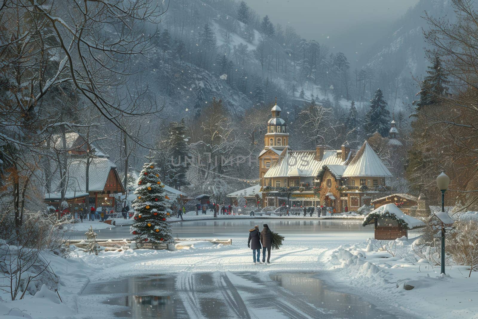 A serene snowy winter landscape with a quaint village, a decorated tree, and misty mountains in the background